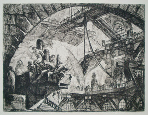 張り出した井桁の上の囚人たち