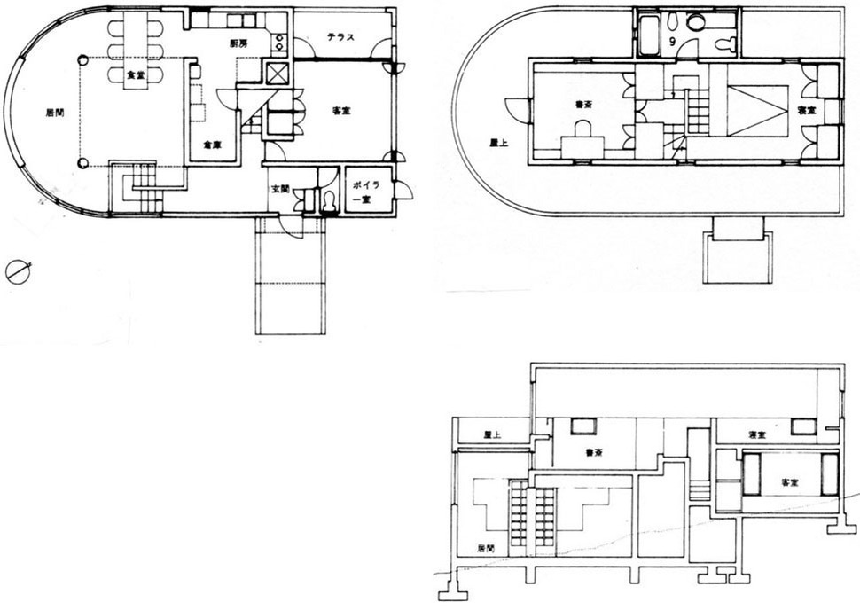 矢野邸 1階、2階平面図と断面図
