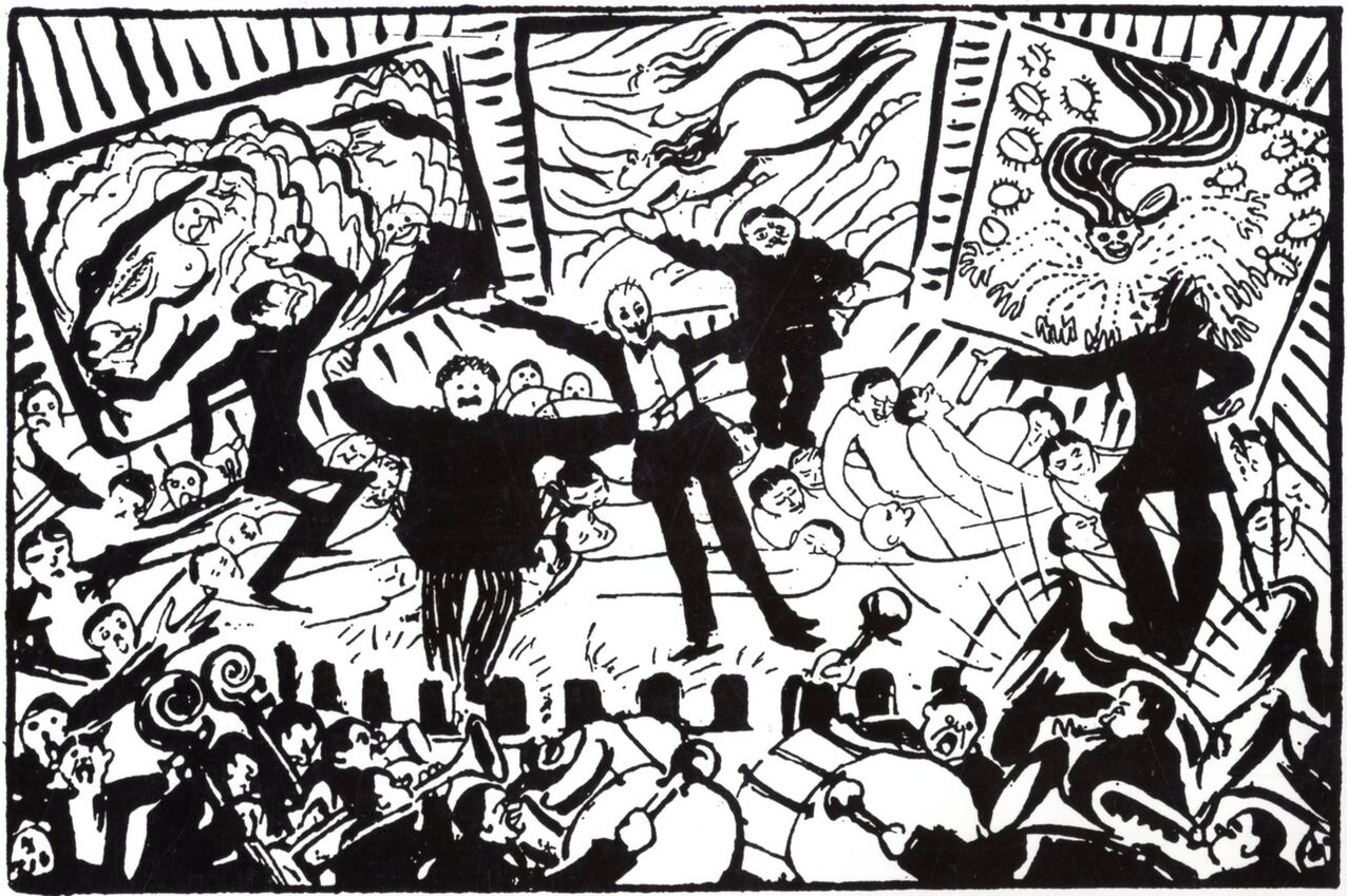 図２ ボッチョーニ《「未来派の夕べ」を描いた漫画》、1912年